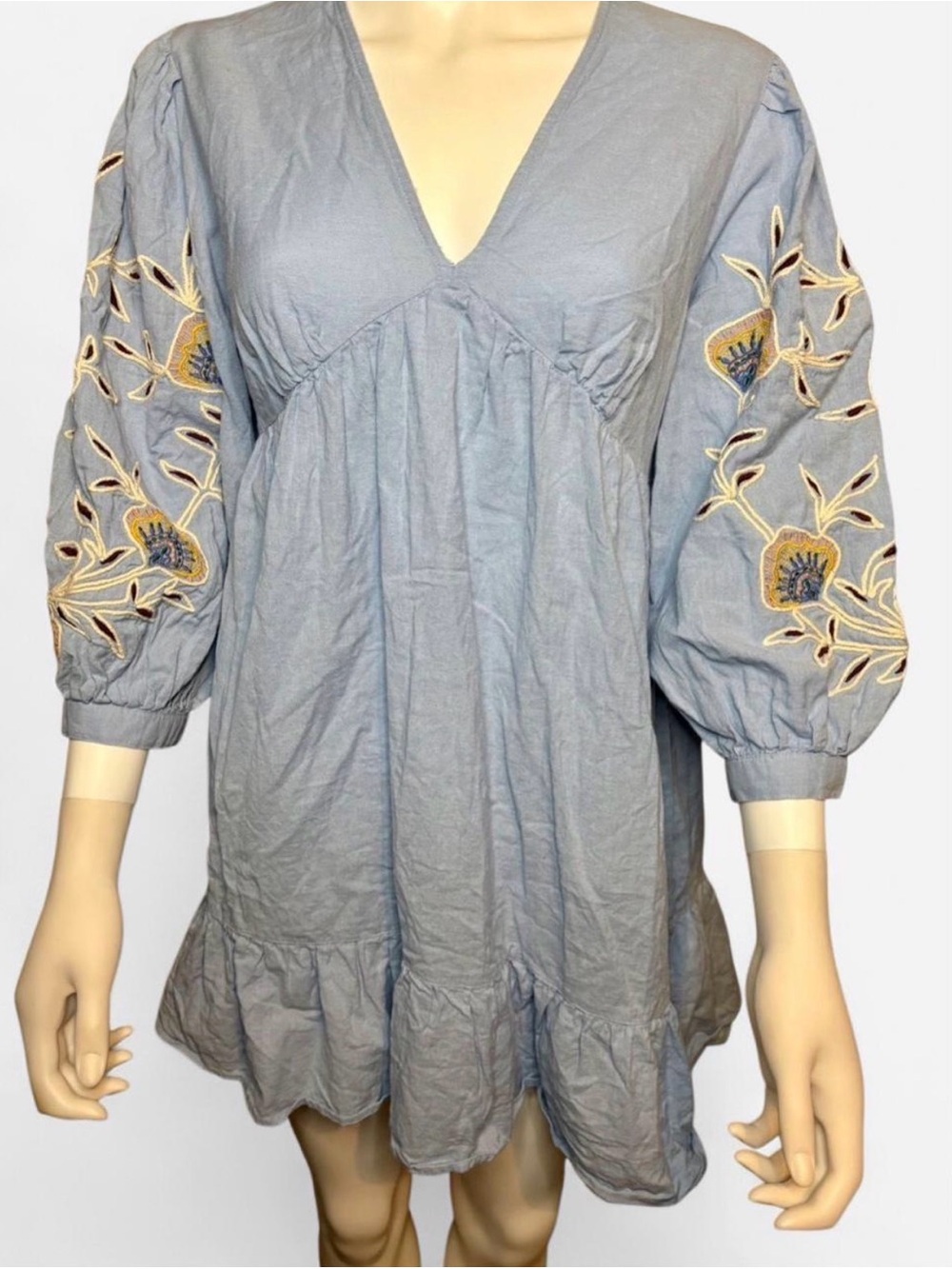 Zara Light Blue Blouse with Embroidered Sleeves